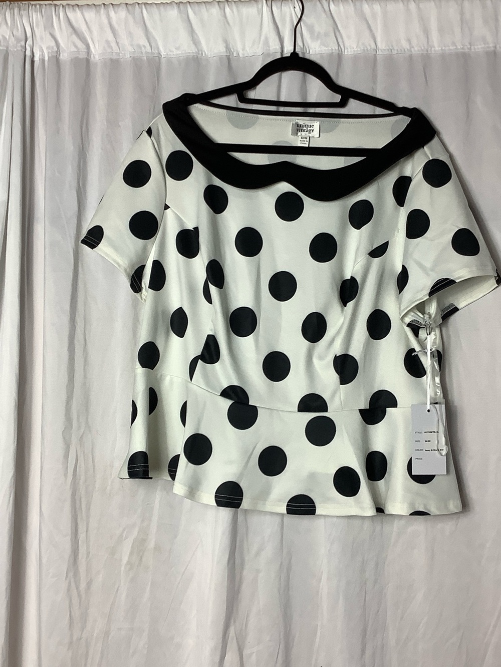 Unique Vintage Black and White Polka Dot Peplum Blouse